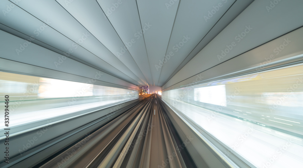 Poster train view. blurry speed motion on railway tunnel for futuristic network connection technology, digi