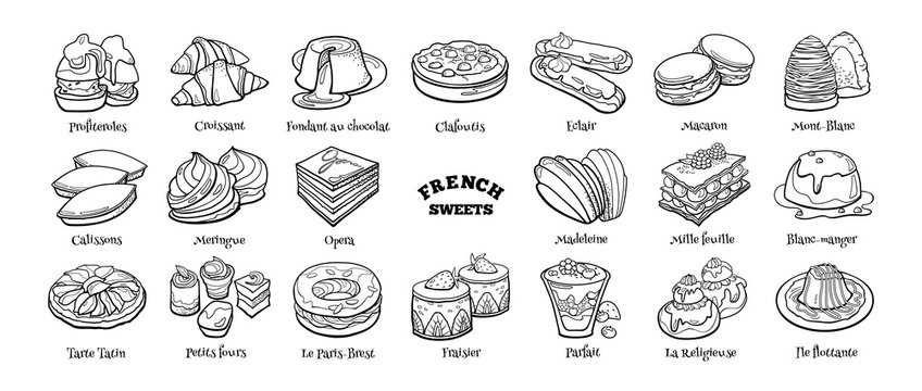 Collection of traditional french desserts. Hand drawn sketch in doodle style.