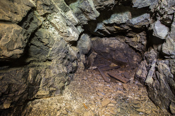 Underground abandoned platinum ore mine tunnel collapsed