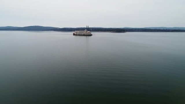 Wide aerial, ferry in Table Rock lake in Missouri