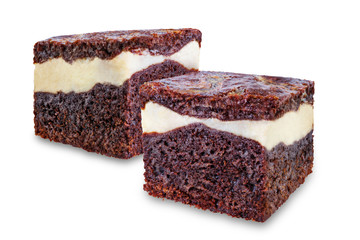 Chocolate cream cheese brownie cake on a white isolated background