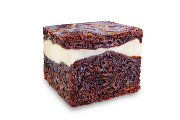 Chocolate cream cheese brownie cake on a white isolated background