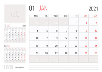 Calendar 2021 planner corporate template design January month