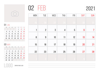Calendar 2021 planner corporate template design February month