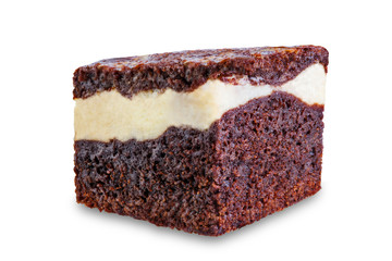 Chocolate cream cheese brownie cake on a white isolated background