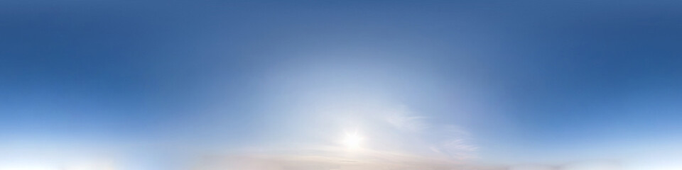 Seamless hdri panorama 360 degrees angle view blue clear sky with zenith for use in 3d graphics or game development as sky dome or edit drone shot