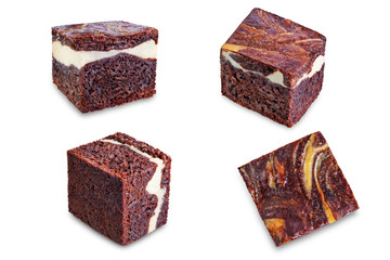 Chocolate cream cheese brownie cake on a white isolated background