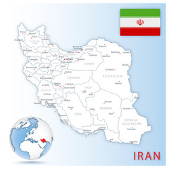 Detailed Iran administrative map with country flag and location on a blue globe. Vector illustration