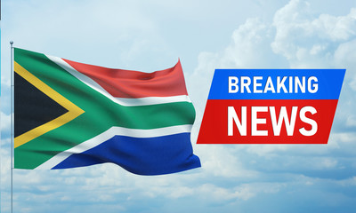 Breaking news. World news with backgorund waving national flag of South Africa. 3D illustration.