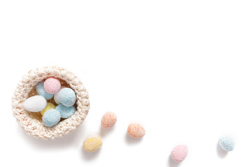 Easter zero waste, environmentally friendly gift wrapping kraft paper, eggs in a basket, gift basket, cozy religious Easter holiday, eco concept eco friendly decor banner on gray background