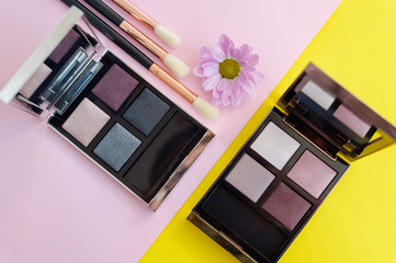 premium makeup brushes, palette eye shadow makeup blush on a colorful background, creative cosmetics flat lay