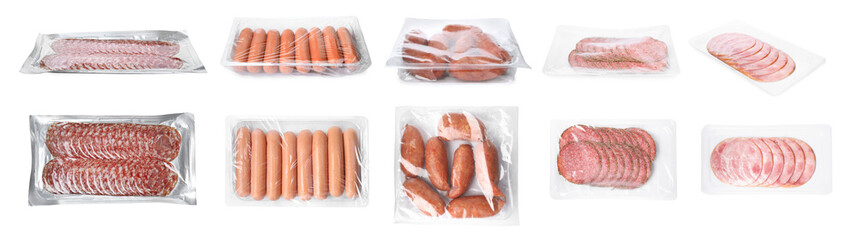 Set with different packed sausages on white background. Banner design