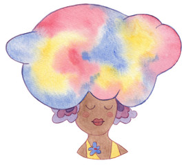Watercolor dreaming black girl: head in the clouds of pastel color as concept of serenity, calm and meditation. Relaxation helps to keep peace of mind during pandemic of coronavirus Covid-19 disease.