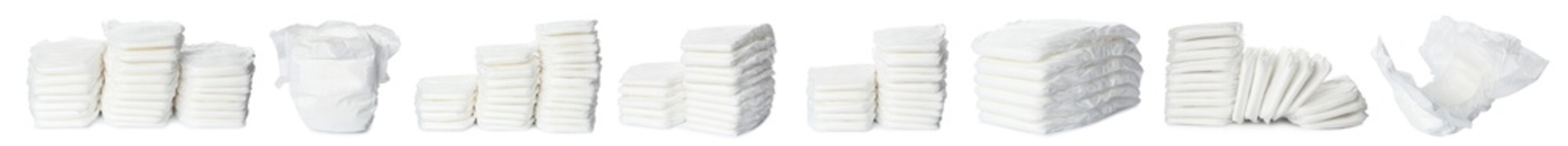 Set of baby diapers on white background. Banner design - obrazy, fototapety, plakaty