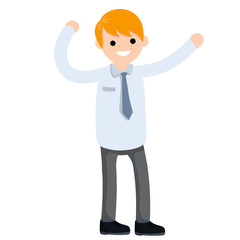 Successful businessman in strong pose. Happy man in suit and tie. Hands at the waist. Cartoon flat illustration. Office worker
