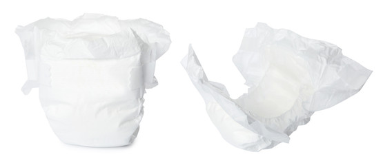 Set of baby diapers on white background