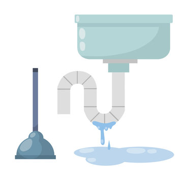Blockage of pipe. Sink in bath and kitchen. Technical work. Broken sewer system. Blue washbasin. Cartoon flat illustration. Puddle of water and plunger. Plumbing and sanitary ware