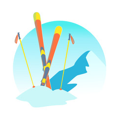 Snow skiing round illustration in cartoon style. Ski resort banner Isolated vector. Snowy mountain logo design. Winter season sport activity emblem. Ski running flat icon badge