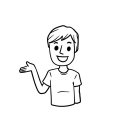 Man with Spread hands. Smiling young boy in shirt. Doubt and timidity. Hand drawn sketch cartoon. Uncertainty and shrugging. Funny illustration