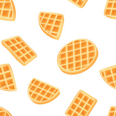 Belgian Waffle Seamless Pattern Drawing. Gold belgian dessert background. breakfast sweet cooky vector drawing tile isolated on white background. Tasty colored texture