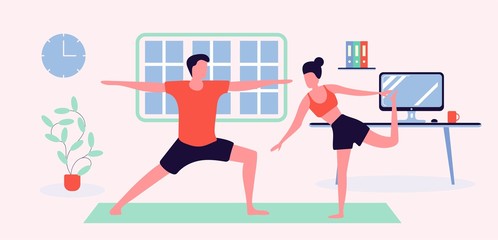 Sport family flat vector illustration. Fitness at home. Siblings doing aerobics. Parents and kid exercising with dumbbells. Physical healthcare. Relatives cartoon characters on pink background