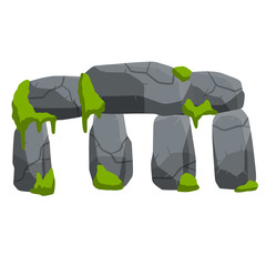 Stonehenge. English landmark. Structure is made of old stones. Historical place, block and boulders. Flat cartoon. Green moss and grass. Religious megalith of primitive man