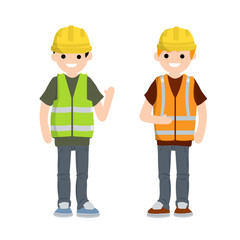 Construction work. Clothing and tools worker. Yellow uniform, gloves, green vest and helmet. Cartoon flat illustration. Maintenance service
