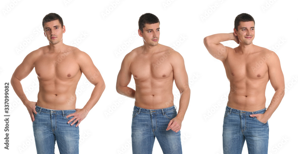 Poster Collage of man with sexy body on white background