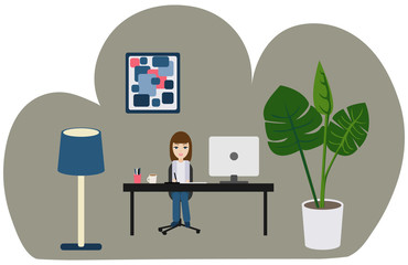 A girl working on a computer at home vector illustration. 