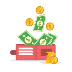 Golden coins money flying in wallet vector illustration, idea of fund savings, cash earnings, financial success, getting wealth, salary income icon isolated on white