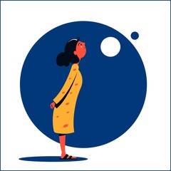 A girl in a yellow dress looks up with her hands clasped behind her back. Flat vector illustration.