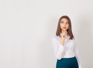 woman, thinking daydreaming deeply about something, looking to side, isolated on white background....