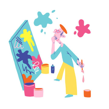 a painter in front of the canvas