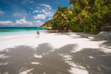 Adult female enjoy tropical white sand beach, palm trees and blue ocean lagoon. Exotic paradise island recreation concept