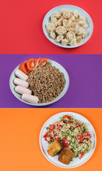 Creative collage of different photos with different food, trending color backgrounds