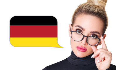 Blonde woman in glasses near dialogue frame with german flag.