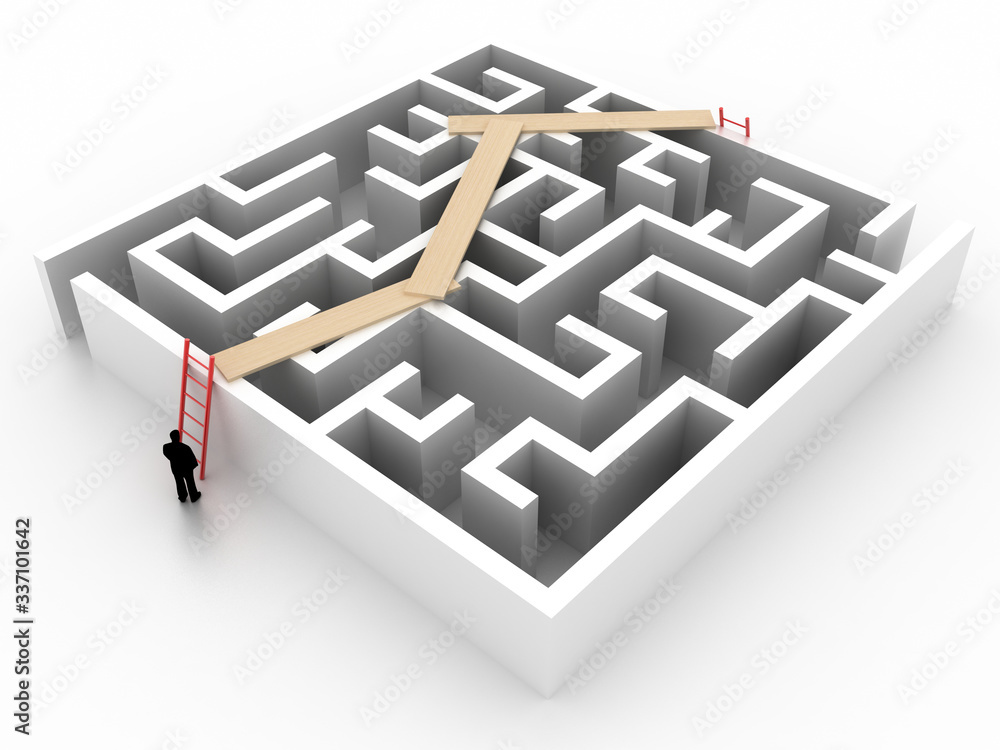 Poster maze concept, challenge and human choices theme. original 3d rendering