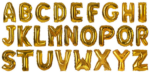 Set with golden foil balloons in shape of letters on white background. Banner design