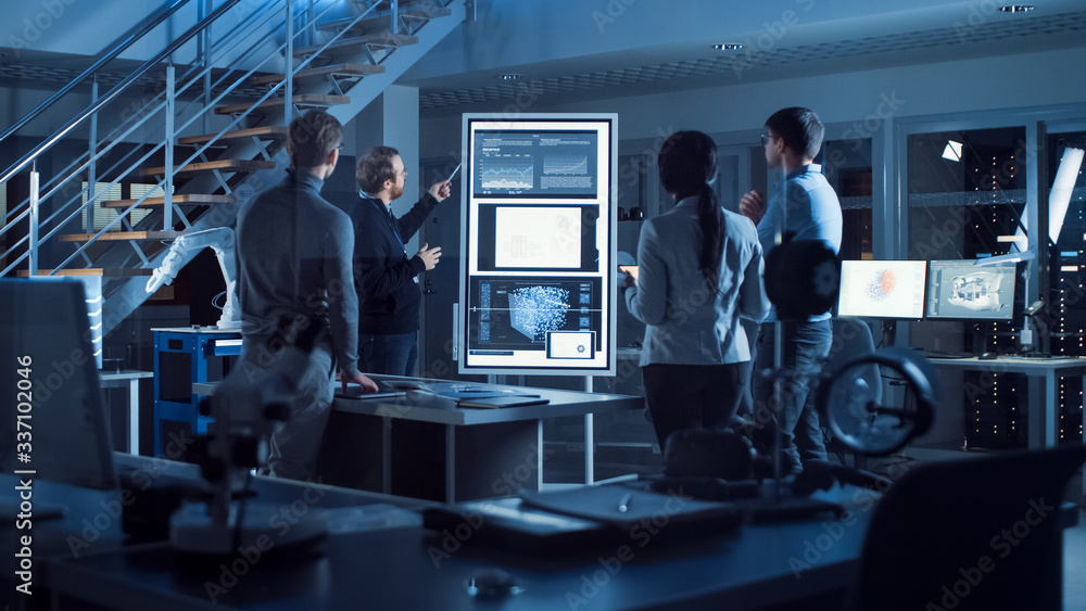 Aufkleber Project Manager Does Motivational Presentation or Team of Electronics Development Engineers, he Uses Digital Whiteboard with Neural Network, AI and Machine Learning. 