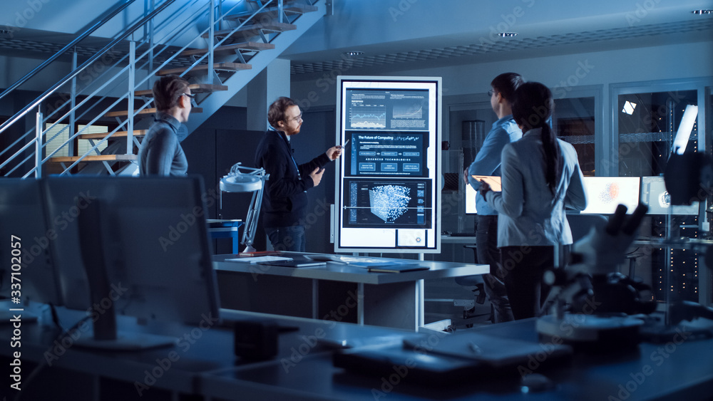 Aufkleber Project Manager Does Motivational Presentation or Team of Electronics Development Engineers, he Uses Digital Whiteboard with Neural Network, AI and Machine Learning. 