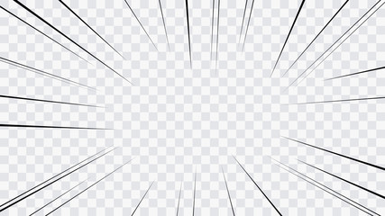 Obraz premium Abstract comic book flash explosion radial lines on transparent background. Vector illustration superhero design. Bright black light strip burst. Flash ray blast glow. Speed lines Manga frame. Anime
