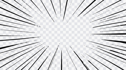 Abstract comic book flash explosion radial lines on transparent background. Vector illustration superhero design. Bright black light strip burst. Flash ray blast glow. Speed lines Manga frame. Anime © Oleg