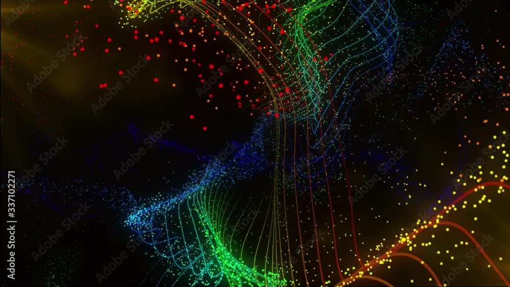 Poster colorful particles atomic abstract seamless loop animation, 3d render on black background.