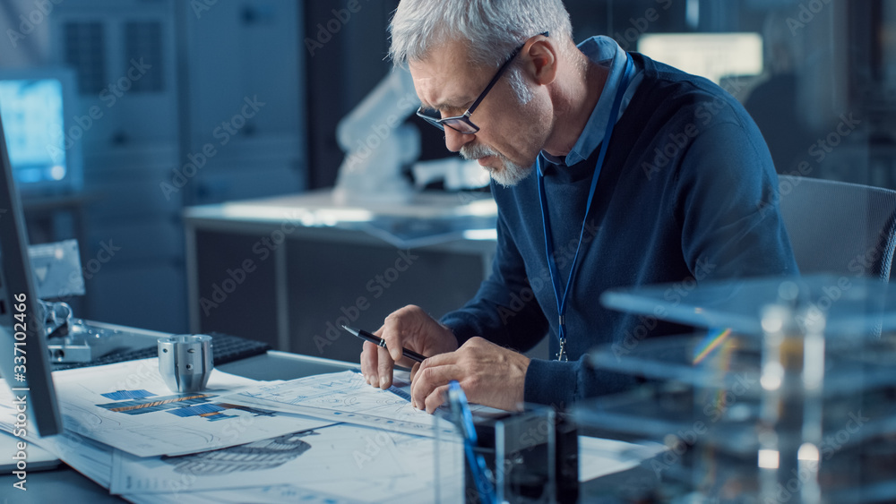 Poster professional heavy industry engineer draws engine concept blueprint, references computer. engineerin