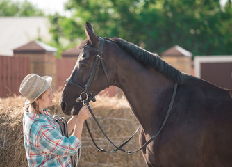  Woman and horse. Close up