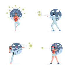 Stop COVID-19 vector flat illustration. People fighting with Coronavirus and living in self isolation.