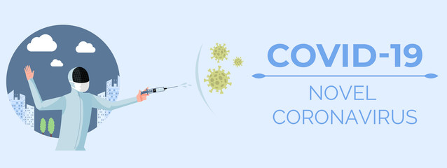 Novel Coronavirus Covid-19 vector banner template. Fencer fighting against virus cells with medical syringe.