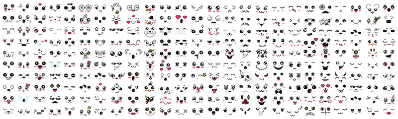 Kawaii cute faces. Mega Big Set, emotions, set, smiley, big, cartoon, anime, animal, avatar, people, emotion, face, art, design, chat, character, collection, diverse, scribble, degeneration, comic.