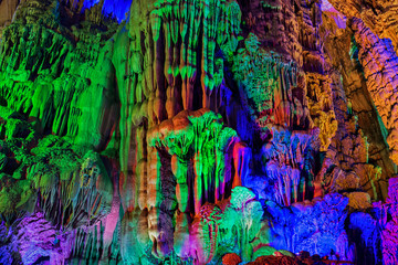 Colourful Reed flute cave in Guilin, China.