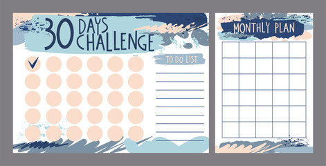 30 day challenge monthly planner with blue brush strokes 